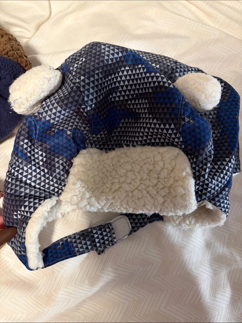 Carter's Brown Bear Fleece Hat and Navy Patterned Sherpa Earflap Hat